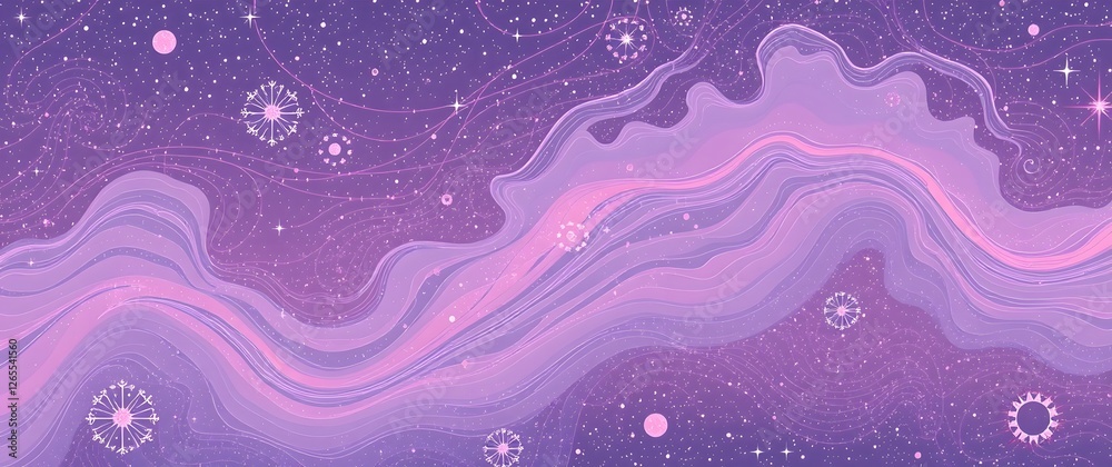 Naklejka premium A stylized digital illustration of a galaxy wallpaper, in the art nouveau style, with flowing lines and pastel colors of pink, lavender, and pale green, creating a dreamy and ether.