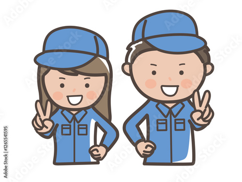 元気にピースをする作業服を着た男女作業員（清掃員）の上半身イラスト