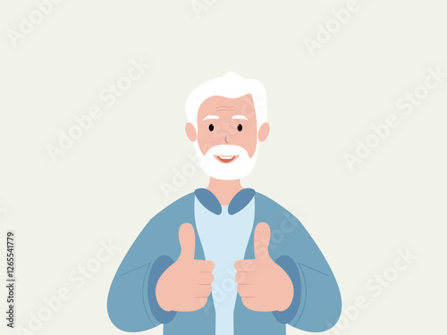Happy senior man showing thumbs up with both hands and smiling. Cartoon, vector and illustration.