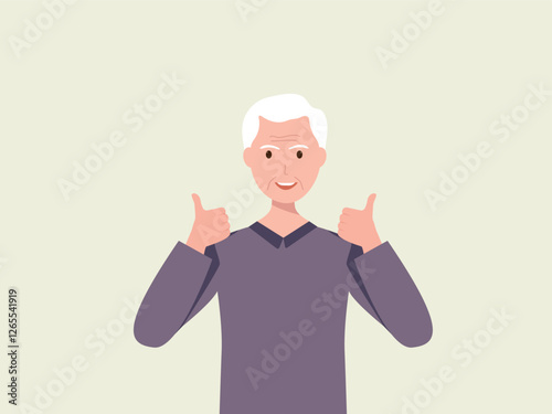 Happy senior man showing thumbs up with both hands and smiling. Cartoon, vector and illustration.