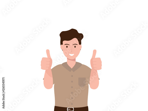 Happy young man showing thumbs up with both hands and smiling. Cartoon, vector and illustration.