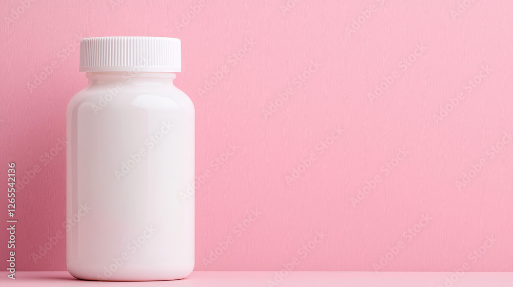 A clean, white supplement bottle stands against a soft pink background, highlighting its simplicity and modern design. A clean, white supplement bottle stands against a soft pink background, highlighting its simplicity and modern design.