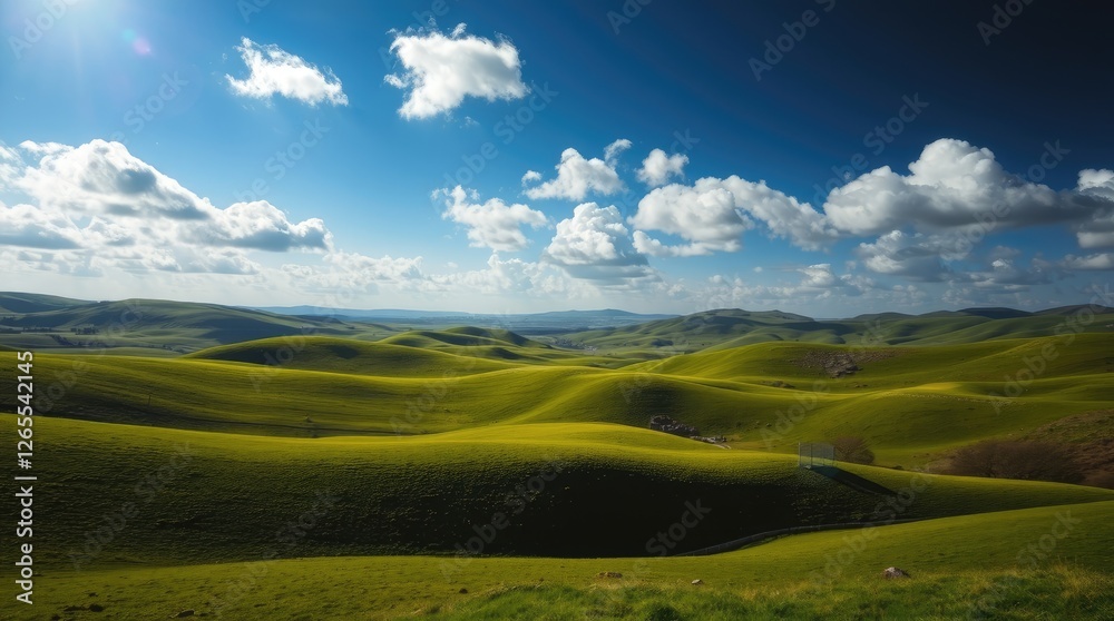 Fototapeta premium Serene Rolling Green Hills Landscape Under Sunny Sky