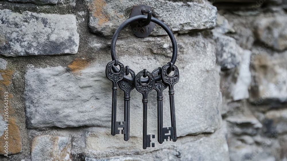 Antique Keys Hanging on Stone Wall Antique Keys Hanging on Stone Wall