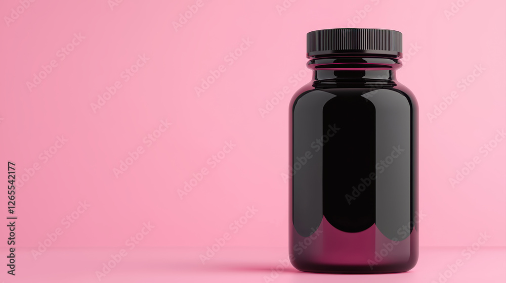 A sleek black bottle against a soft pink background, suggesting a product focused on health or beauty. A sleek black bottle against a soft pink background, suggesting a product focused on health or beauty.