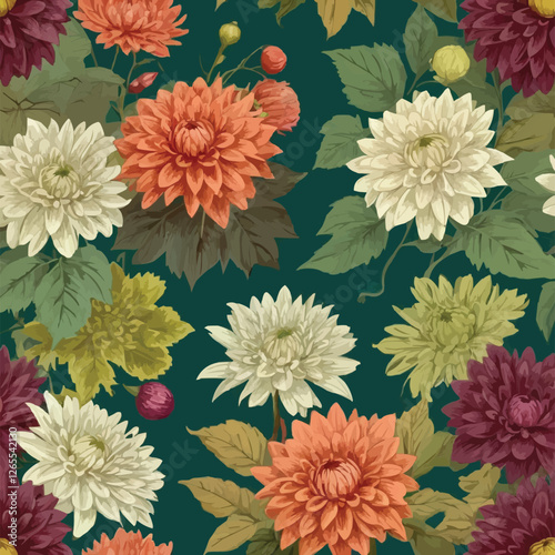 Seamless autumn floral pattern with dahlias, chrysanthemums, asters, zinnias, dogwood berries. Vintage engraving style. Green