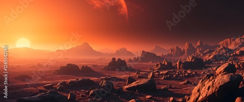 A space wallpaper showing a panoramic view of a rocky alien landscape with dramatic lighting, featuring a dramatic color scheme of deep oranges, reds, and purples, using a cinemati. photo