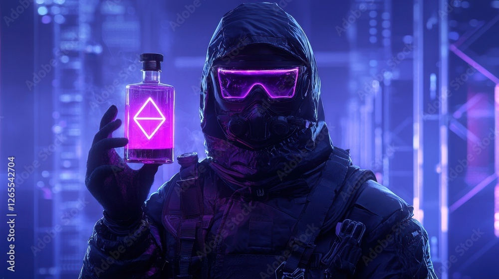 Futuristic Character in Dark Environment Holding Glowing Potion with Neon Elements and High-Tech Gear, Captured in a Sci-Fi Inspired Digital Realm
