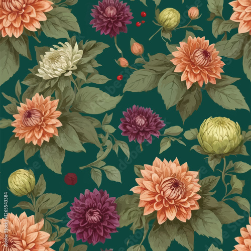 Seamless autumn floral pattern with dahlias, chrysanthemums, asters, zinnias, dogwood berries. Vintage engraving style. Green