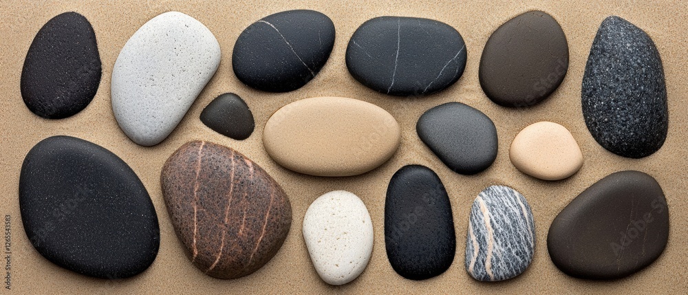 A collection of 15 different colored pebbles arranged in a circular pattern on a sandy surface. A collection of 15 different colored pebbles arranged in a circular pattern on a sandy surface.