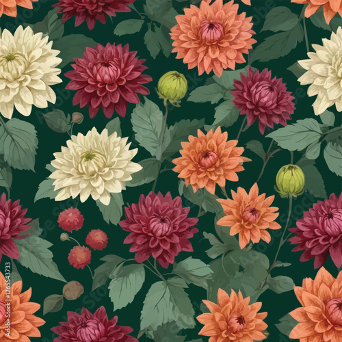 Seamless autumn floral pattern with dahlias, chrysanthemums, asters, zinnias, dogwood berries. Vintage engraving style. Green