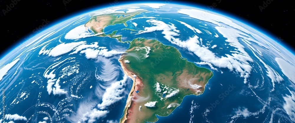 Fototapeta premium A space wallpaper depicting a realistic rendering of the Earth from space, highly detailed with visible continents and cloud formations. The color palette is realistic, showcasing.