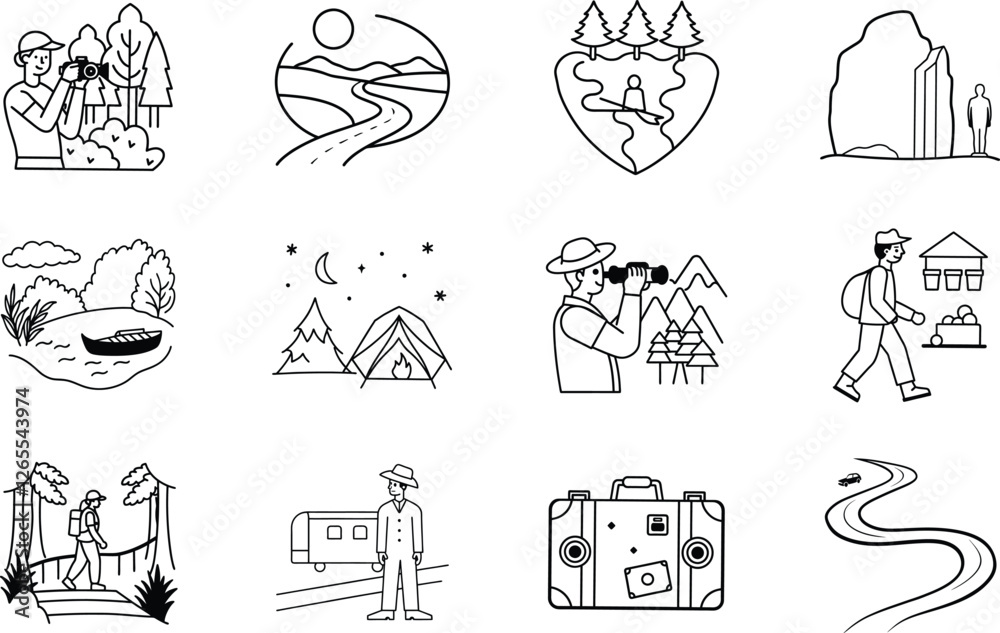 Obraz premium Nature Adventure Travel Icons Hiking, Camping, Exploration, Scenery