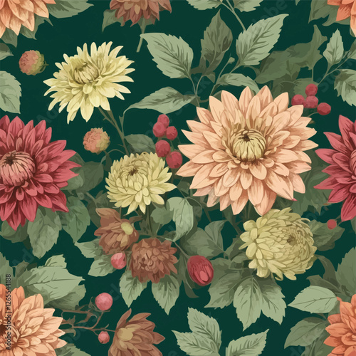 Seamless autumn floral pattern with dahlias, chrysanthemums, asters, zinnias, dogwood berries. Vintage engraving style. Green