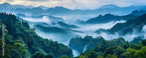 A scenic view of the Shifen Waterfall viewed from above, with the water flowing down from a great height, surrounded by verdant forest and the distant misty mountains - photo