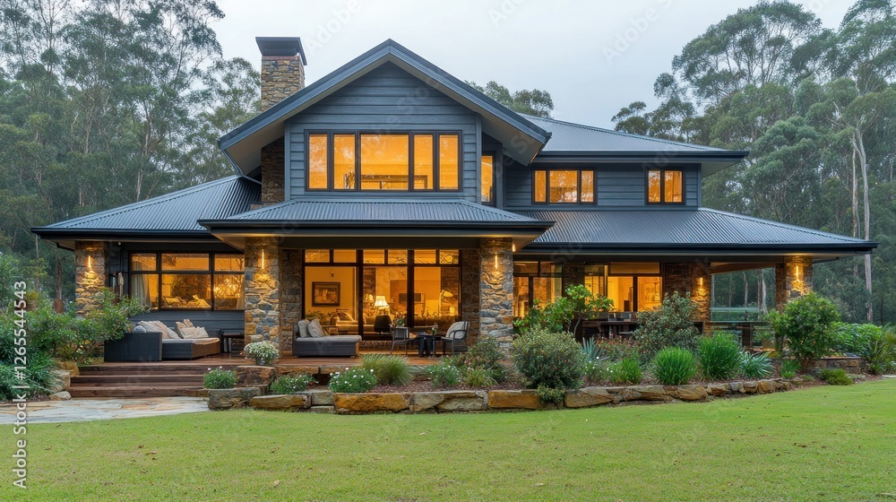 Modern home exterior, evening, forest backdrop, lit living space Modern home exterior, evening, forest backdrop, lit living space