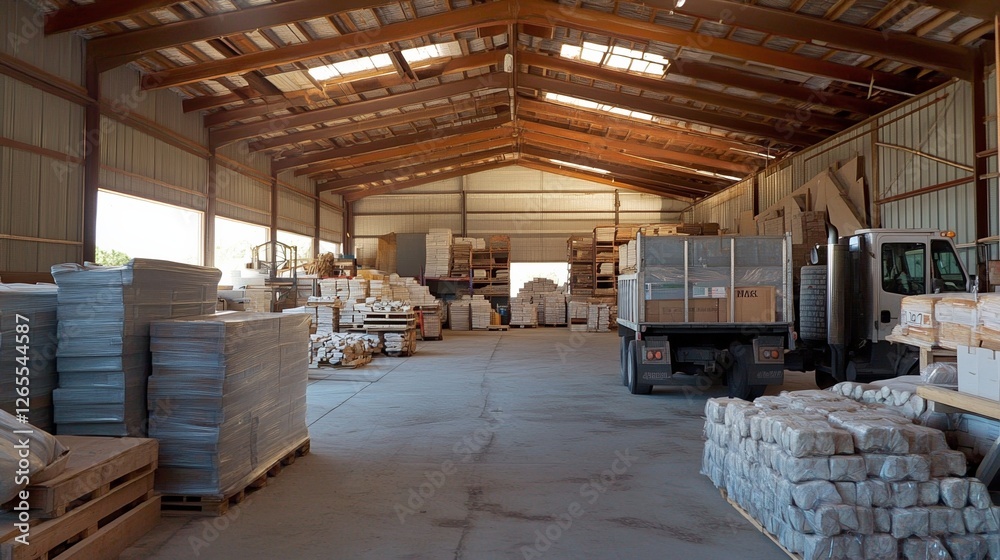 Cargo truck in a clean, organized warehouse, showcasing efficient logistics and industrial simplicity. Cargo truck in a clean, organized warehouse, showcasing efficient logistics and industrial simplicity.