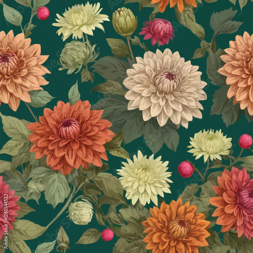 Seamless autumn floral pattern with dahlias, chrysanthemums, asters, zinnias, dogwood berries. Vintage engraving style. Green