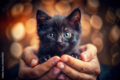 Adorable Tiny Black Kitten Held in Gentle Hands - Tilt-Shift Miniature Photography