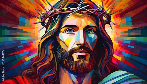 Colorful Portrait of Jesus Christ with Radiant Light. Artistic abstract poster for Easter. Ai Generated
