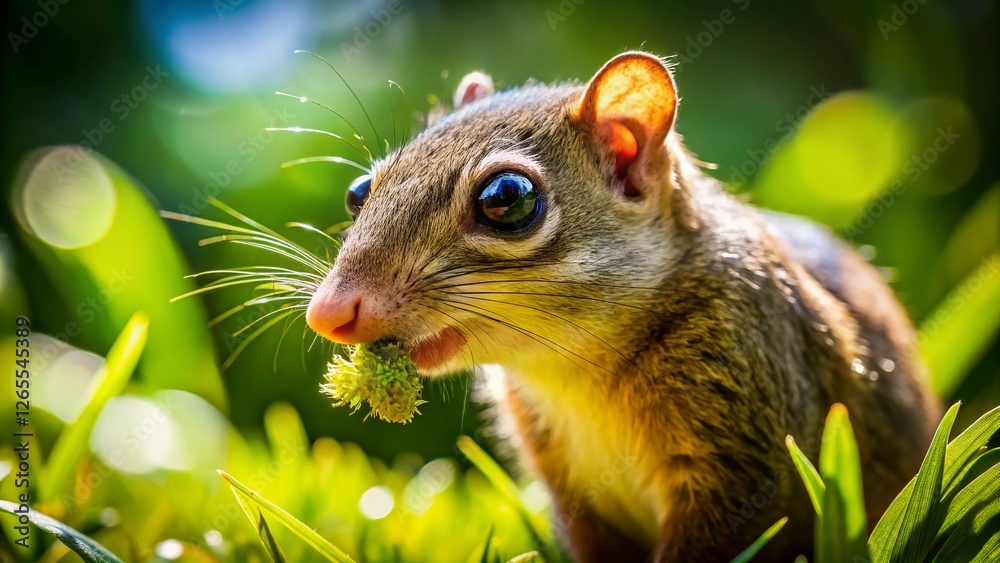 Obraz premium Adorable Treeshrew Snacking on Grass in Lush Green Lawn - Stock Photo