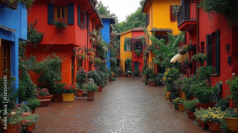 Colorful Italian village street, flowers, plants, cobblestone, tourism, postcard Colorful Italian village street, flowers, plants, cobblestone, tourism, postcard