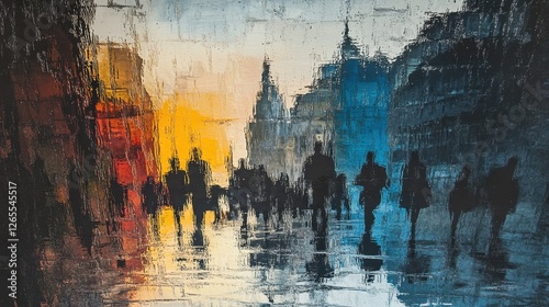 Impressionistic painting depicts silhouettes of people walking in city