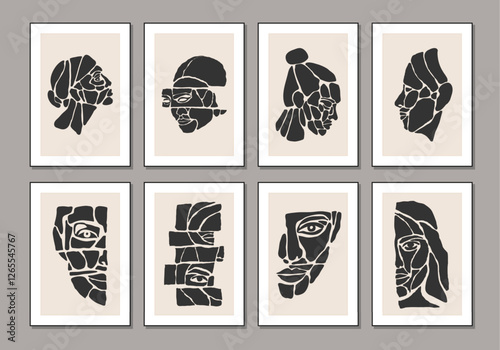 Set of minimalist contemporary portrait of woman beauty surreal face