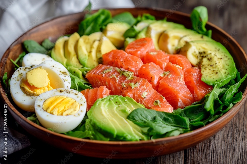 Fresh salmon and avocado salad served in a rustic wooden bowl on a wooden table Fresh salmon and avocado salad served in a rustic wooden bowl on a wooden table