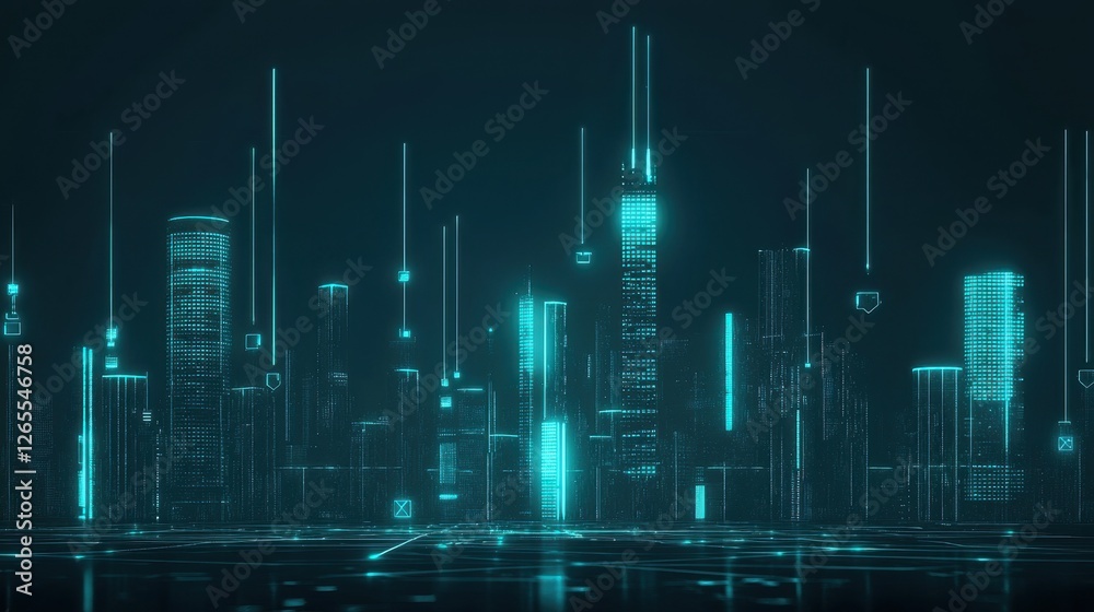 Futuristic Cityscape with Neon Lights and Data Visualization Elements in a High-Tech Digital Environment for Infinite Possibilities and Innovations Futuristic Cityscape with Neon Lights and Data Visualization Elements in a High-Tech Digital Environment for Infinite Possibilities and Innovations