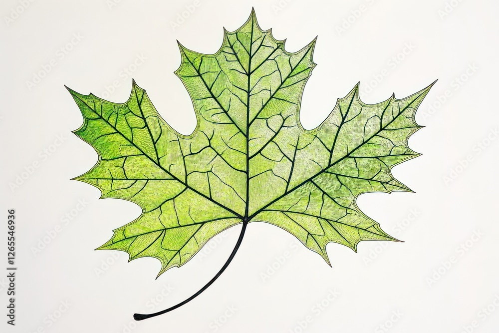 Fototapeta premium Green maple leaf illustration, nature detail, white background, botanical art, design element
