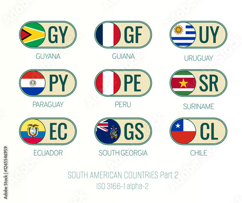 Set of vector illustrations of ISO 3166 1 alpha 2 and flags of SOUTH AMERICAN COUNTRIES . Part 2.
