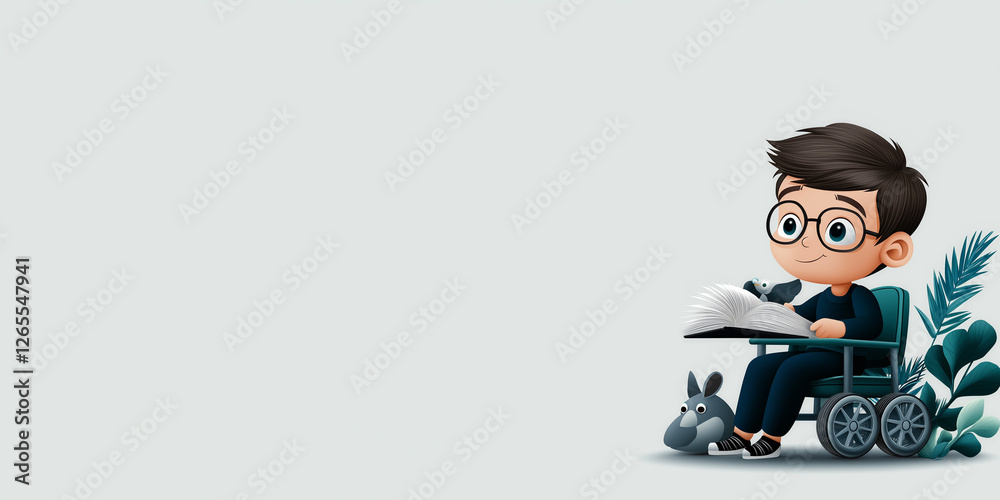 Inclusive illustration of a young boy in a wheelchair drawing on paper surrounded by plants and a cute rabbit Inclusive illustration of a young boy in a wheelchair drawing on paper surrounded by plants and a cute rabbit