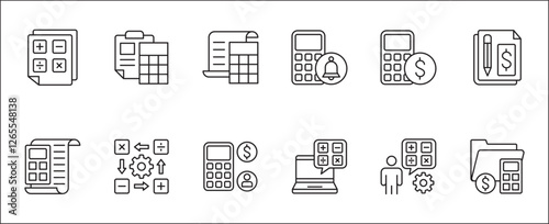Business accounting icon set. Finance and calculation icons. Icons set contains symbol of accountant, salary, tax, billing, calculator, report, audit, balance, income, earnings, analysis, budget.