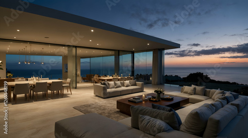 Modern, luxury home showcase living room and dining room open to ocean view at dusk,generative.ai
