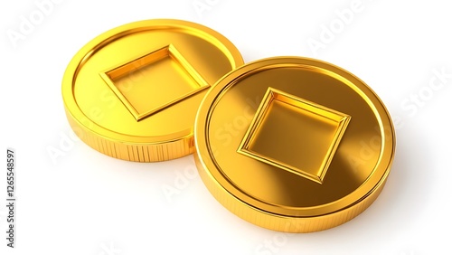 3d chinese gold coin with square hole isolated render icon. Asian golden metal money cash, cny currency. Traditional symbol of wealth, good luck, welfare for oriental New Year design. 3D illustration