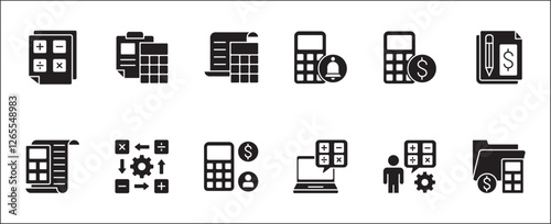 Business accounting icon set. Finance and calculation icons. Icons set contains symbol of accountant, salary, tax, billing, calculator, report, audit, balance, income, earnings, analysis, budget.