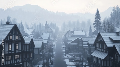 Snowy village street, foggy mountains, winter landscape, holiday postcard