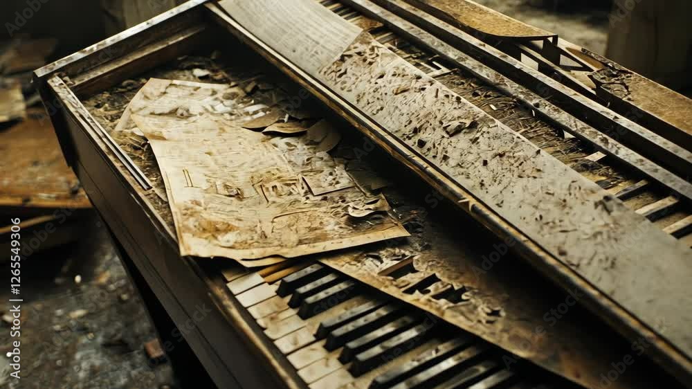 Dusty piano in an abandoned building reveals forgotten music sheets and faded memories in a quiet corner of decay