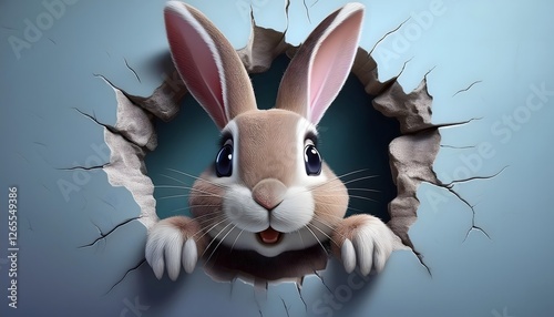 Cute white bunny ears sticking out of a hole against a pastel blue background. Ai Generated.