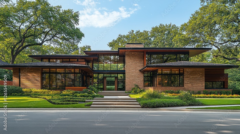 Modern home facade, suburban street, lush trees, sunny day Modern home facade, suburban street, lush trees, sunny day