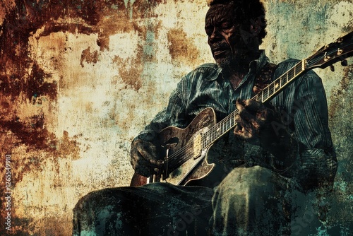 Elderly blues musician passionately playing guitar against weathered textured wall