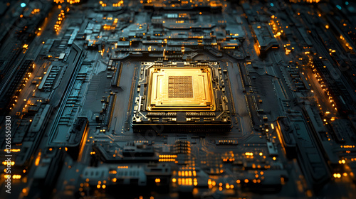 Futuristic Circuit Board with Golden CPU