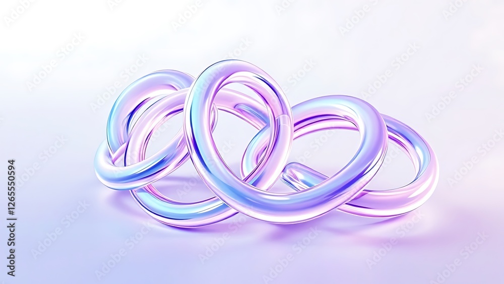 Glass chain of iridescent links 3d render. Border with connected crystal rings. Abstract holographic composition of geometric shapes with gradient texture, isolated graphic elements. 3D illustration Glass chain of iridescent links 3d render. Border with connected crystal rings. Abstract holographic composition of geometric shapes with gradient texture, isolated graphic elements. 3D illustration