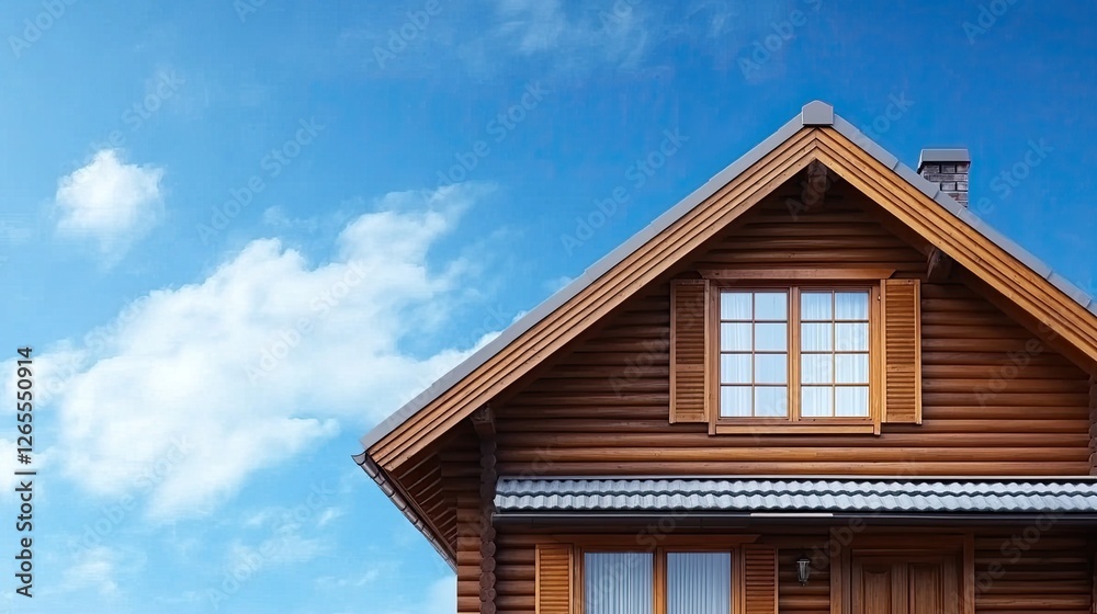 Wooden framework of a house in the construction phase set against a vibrant blue sky, providing ideal space for banners or captions Wooden framework of a house in the construction phase set against a vibrant blue sky, providing ideal space for banners or captions