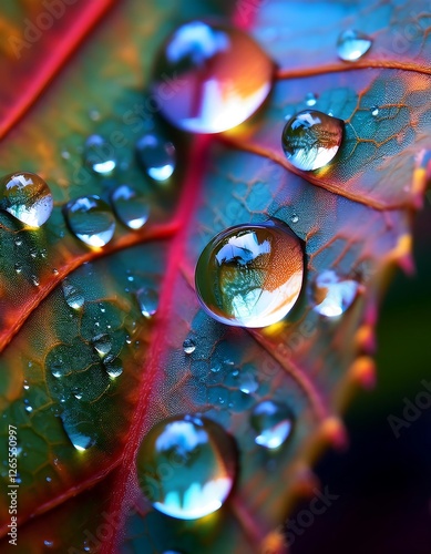 Close-Up of Vibrant Water Droplets on a Textured Colorful Leaf. Ai Generative