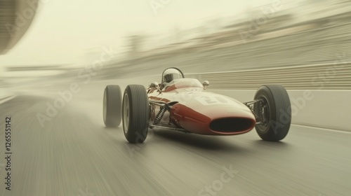 Vintage race car speeding on track, blurred background