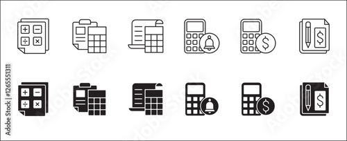 Business accounting icon set. Finance and calculation icons. Icons set contains symbol of accountant, salary, tax, billing, calculator, report, audit, balance, income, earnings, analysis, budget.