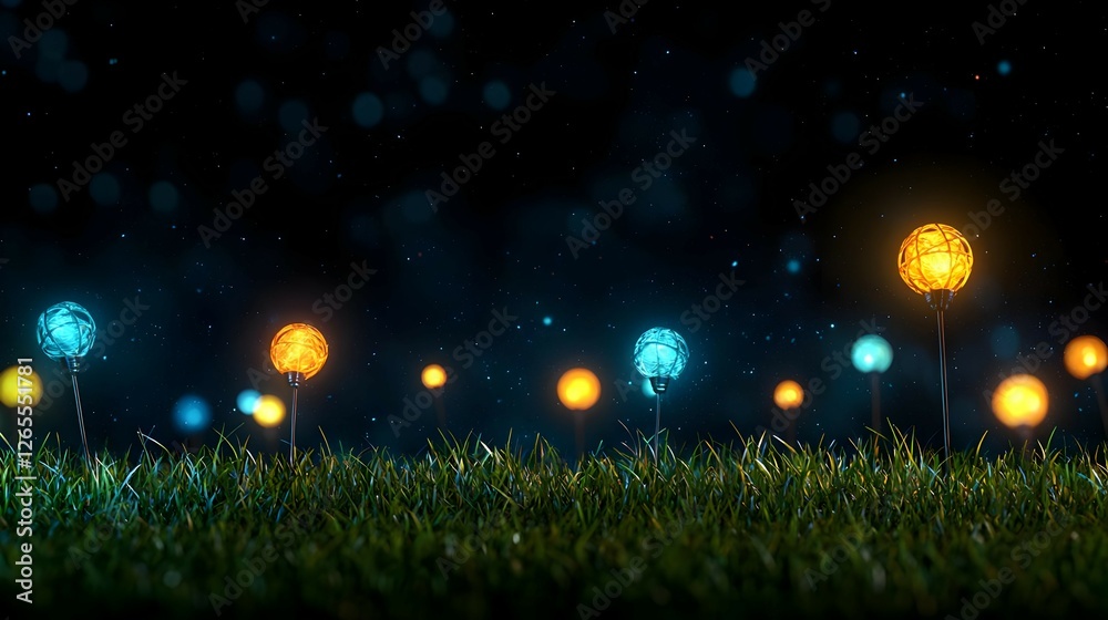Naklejka premium Glowing Orange And Blue Flowers In Dark Night Grass