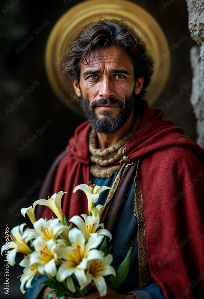 Obraz premium Saint Joseph holding a bouquet of lilies